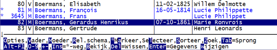 Personenlijst met gemarkeerde dubbels